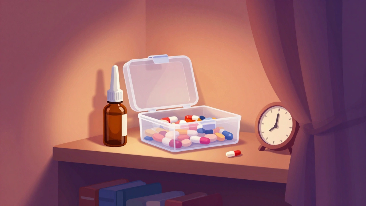 Amber eye drop bottles stored safely in an opaque box on a bedroom shelf.