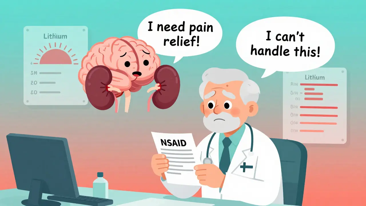 An elderly patient in a doctor's office with arguing brain and kidney icons, showing rising lithium levels.