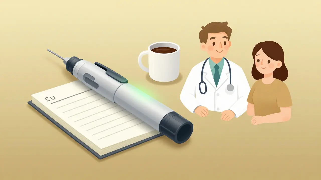 Connected insulin pen beside a logbook, with doctor and patient sharing a calm moment.