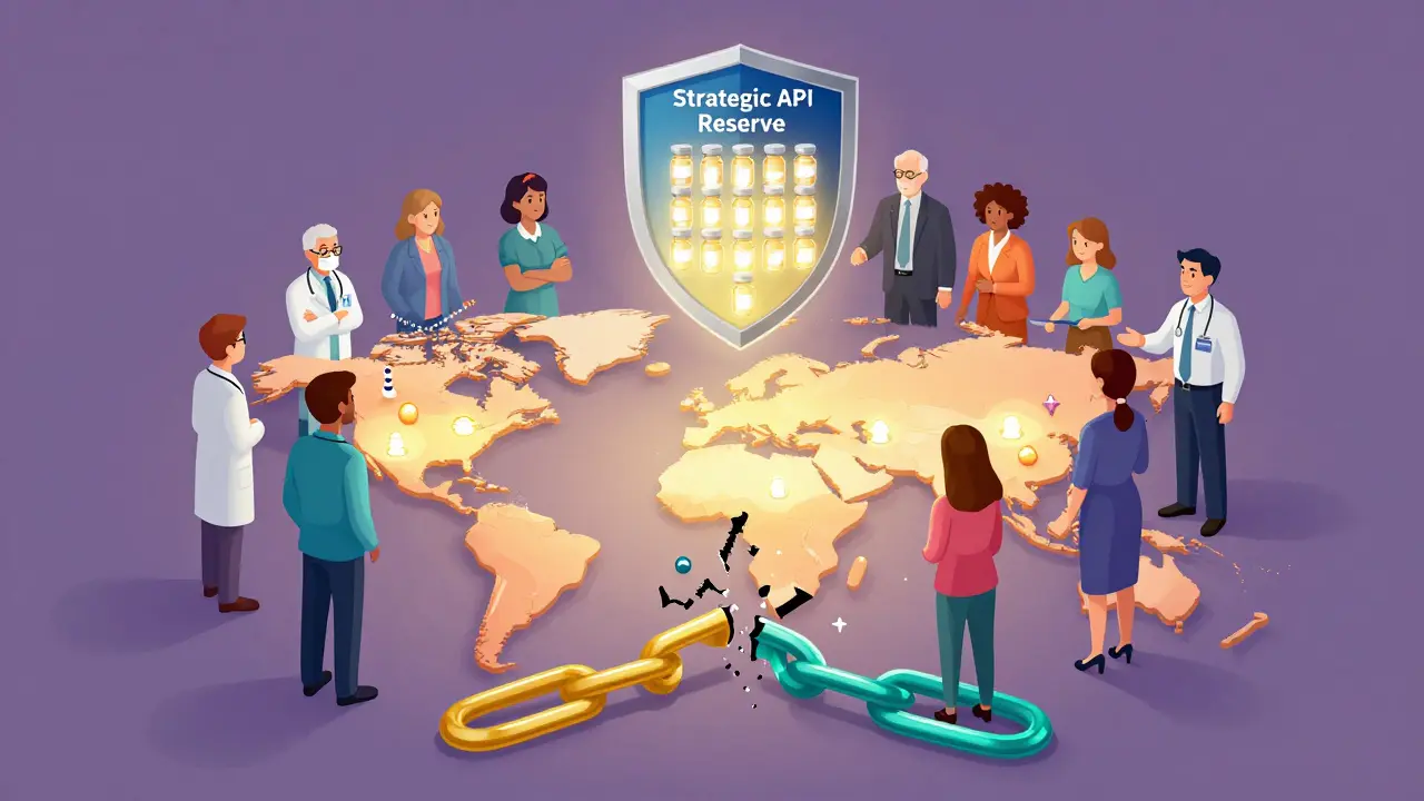 Diverse group protecting a strategic drug reserve map with regional manufacturing hubs glowing safely around them.