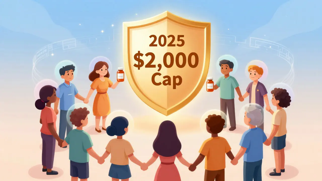 Diverse patients united under a shield representing the 2025 Medicare drug cost cap.