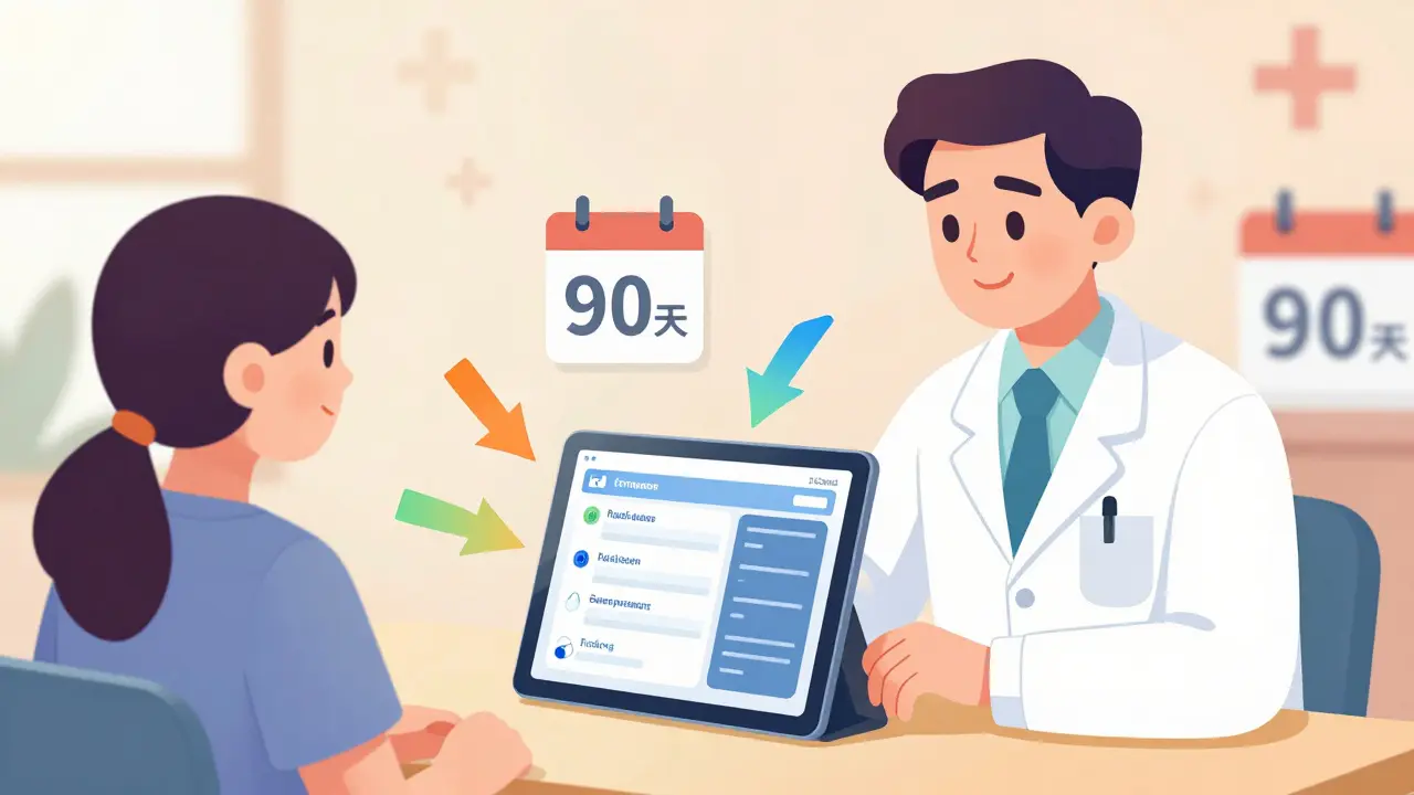 Doctor and pharmacist reviewing formulary data on a tablet with alternative medication options.