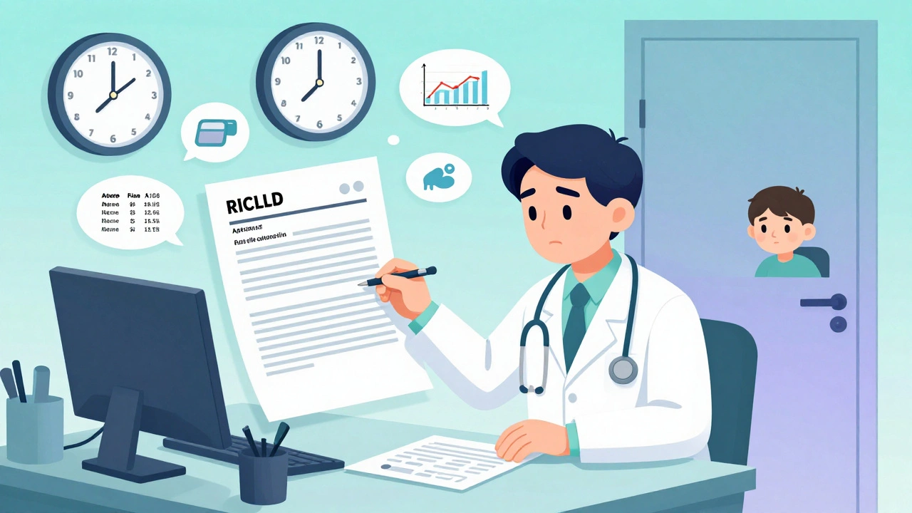 Doctor writing medical appeal with lab data floating as thought bubbles