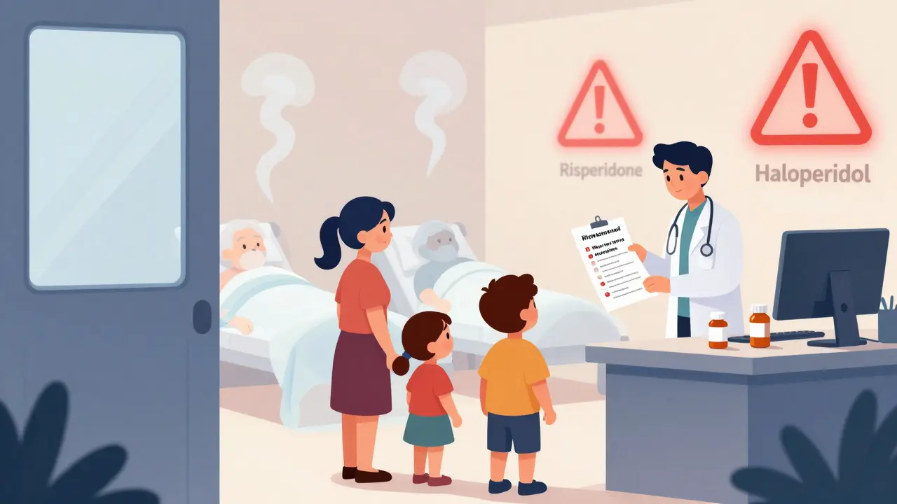 Family asking questions at doctor’s office while ghostly seniors fade into stroke-shaped smoke.