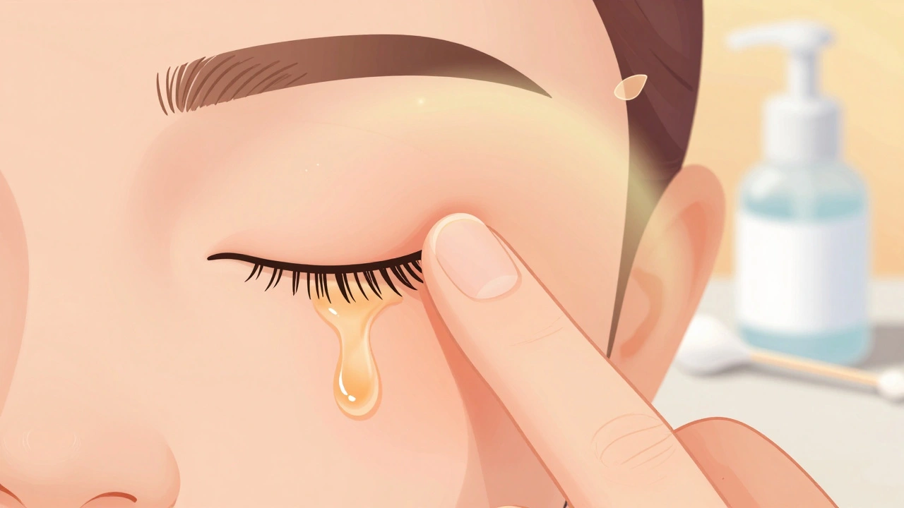 Finger gently massaging eyelid as oily fluid flows from glands beneath skin.