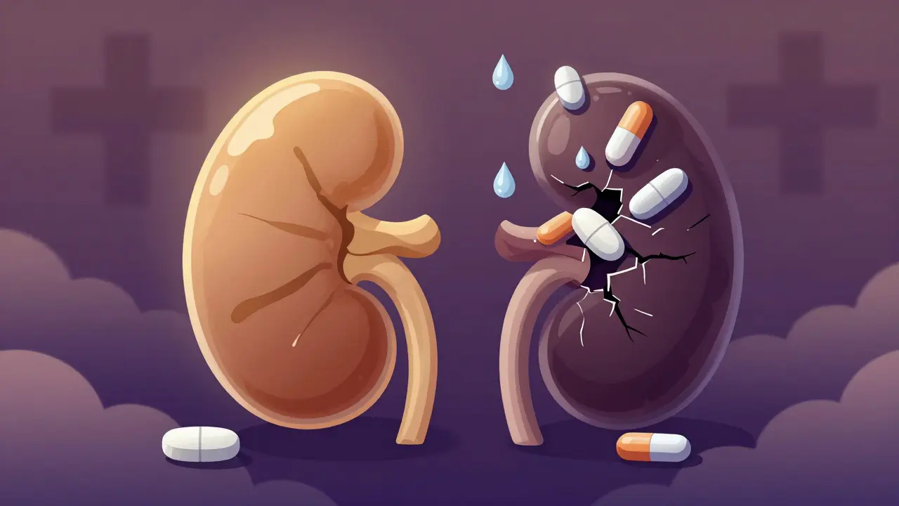 Fragile glass kidneys under pressure from NSAID pills, with acetaminophen safely beside them in golden light.