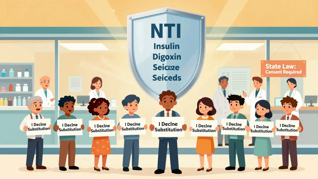 Group of patients united holding signs refusing generic substitution, protected by a shield listing high-risk medications.