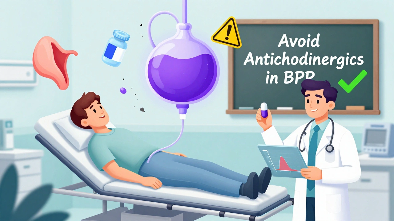 Man in ER with catheter draining large bladder, while doctor offers safer treatment options instead of risky pills.