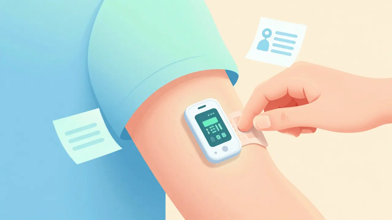 Medication patch with a sensor and caregiver securing it with tape on arm.