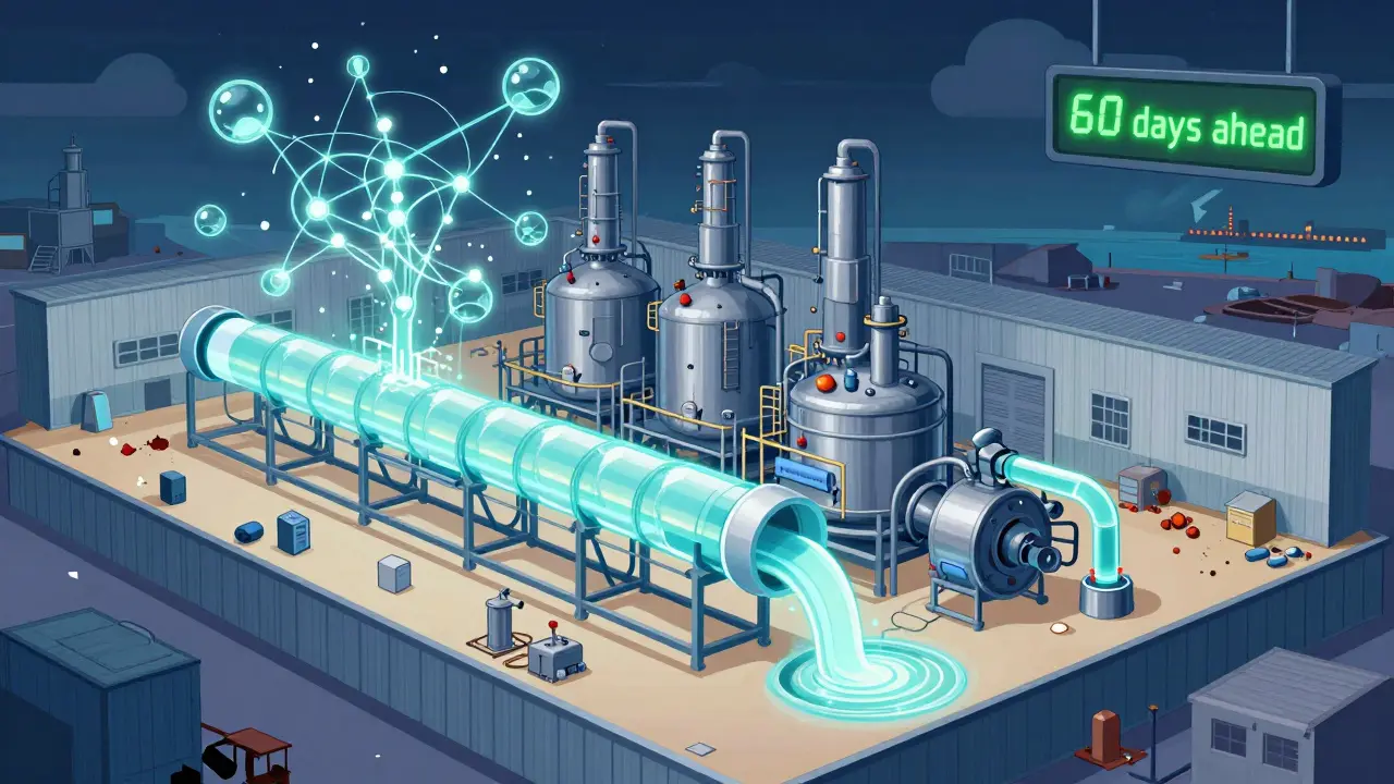 Modern continuous manufacturing facility with AI analytics above, contrasting an outdated batch plant in the background.