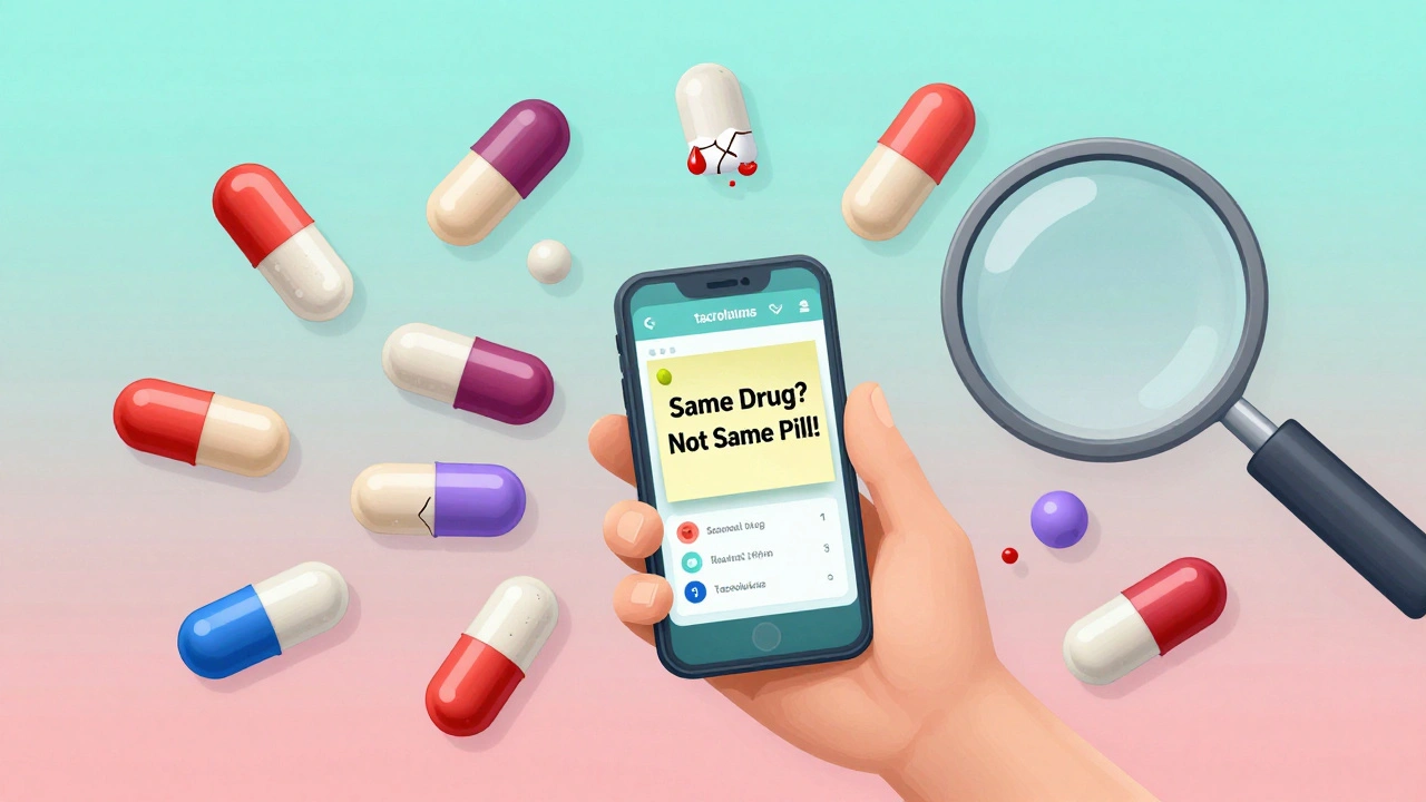 Patient holding phone with blood levels, surrounded by different generic pills showing hidden formulation differences.