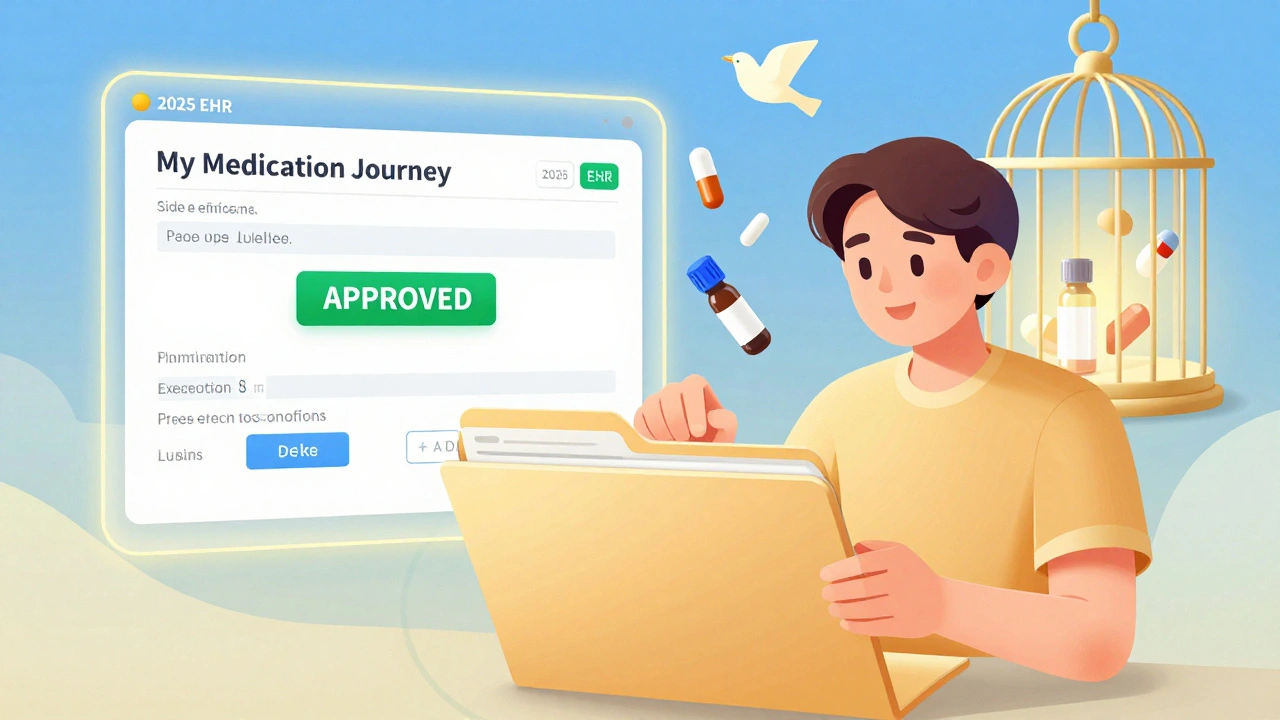 Patient organizing medication history file as digital system approves request