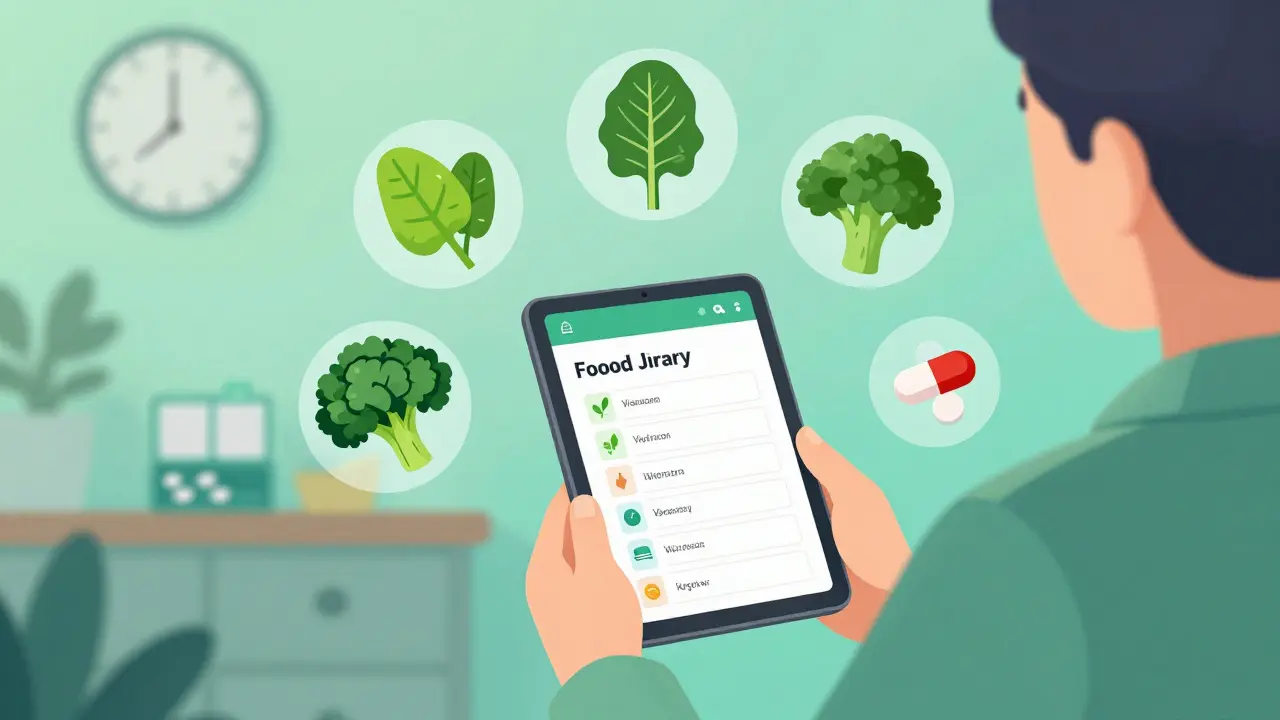Patient using a food diary app to track vitamin K intake with greens and blood thinner.