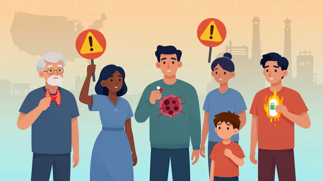 Patients holding pills that turn into warning signs as they affect their bodies—thyroid, tumor, and leaking patch.