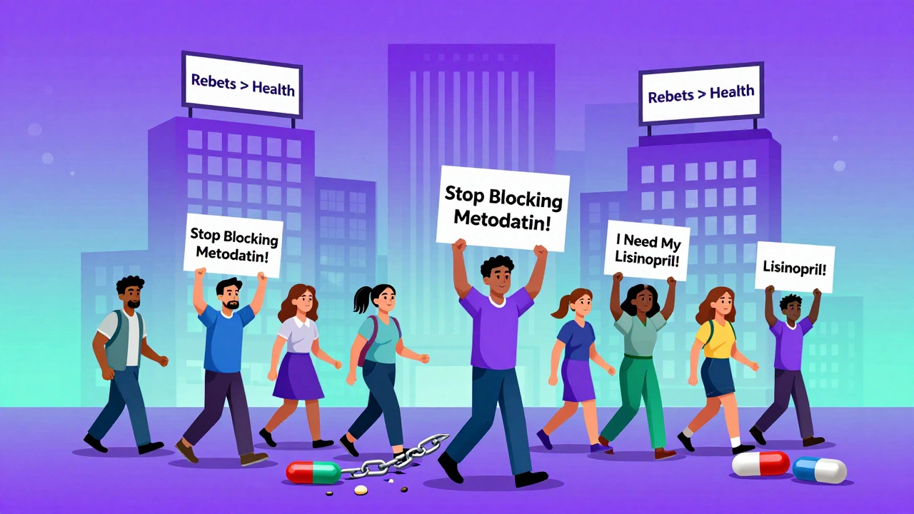 Protesters marching past insurance buildings with signs demanding access to generic meds.