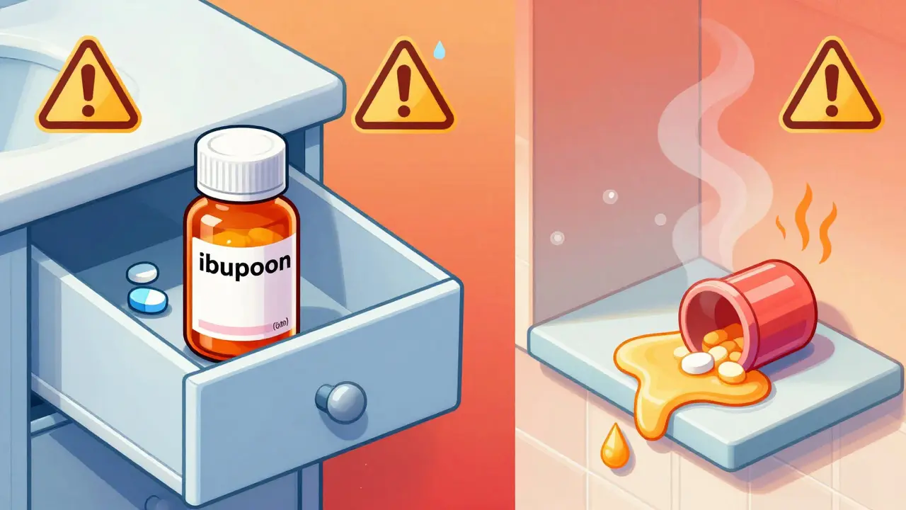 Side-by-side comparison of properly stored pills versus degraded medication in a humid bathroom.