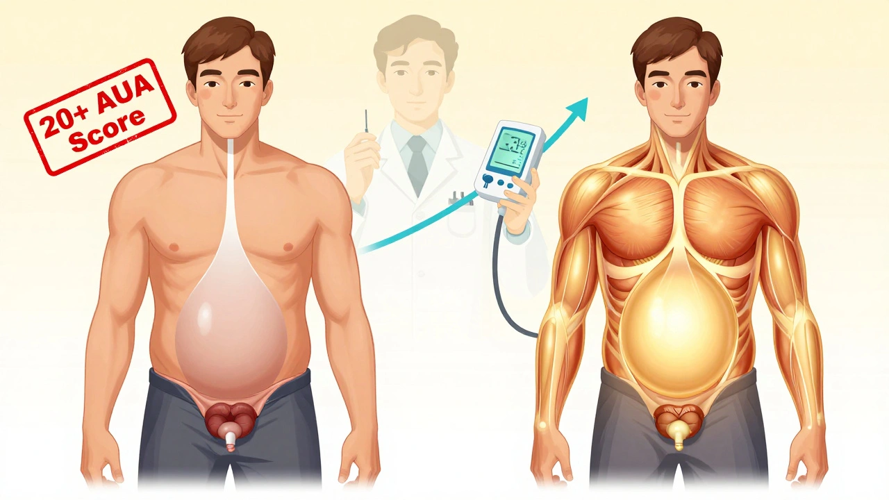 Split illustration: left shows weakened bladder from anticholinergics, right shows healthy bladder with safe alternative medication.