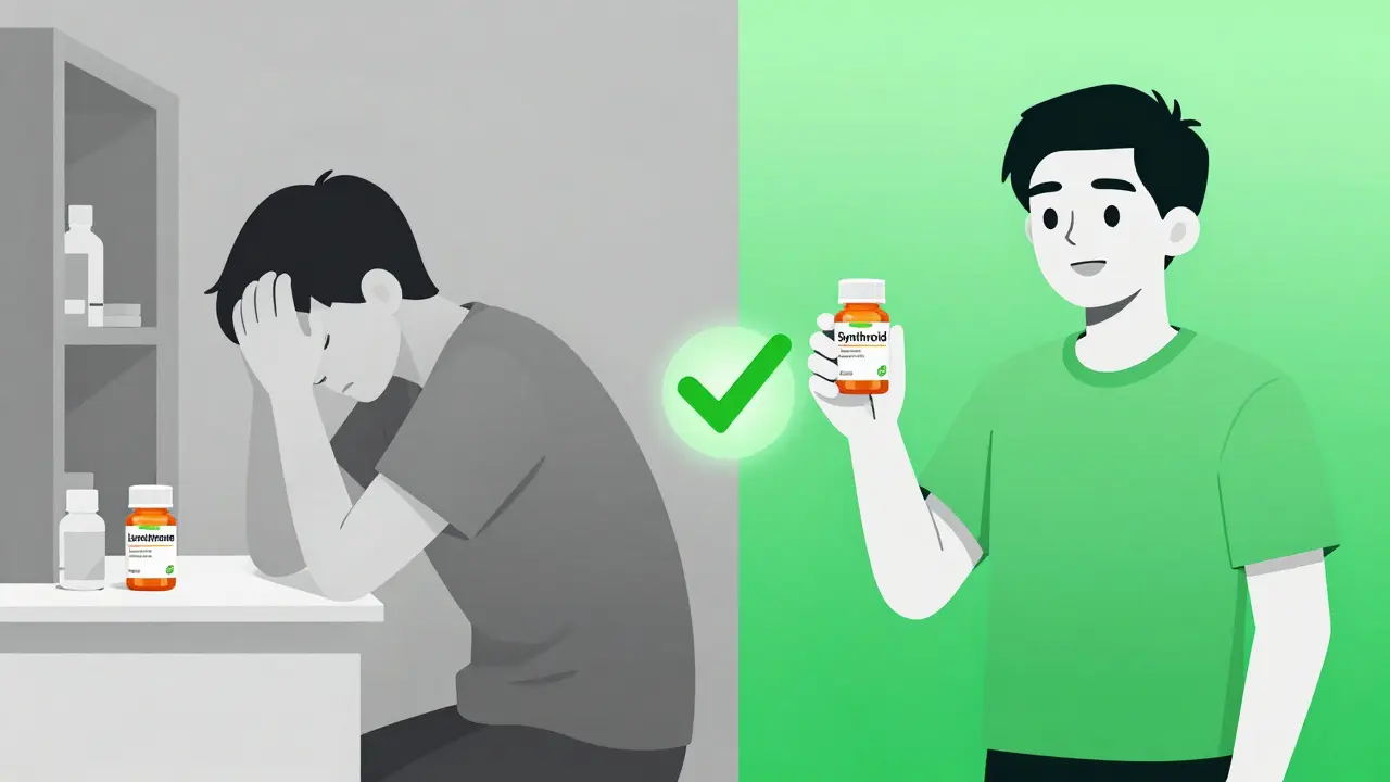 Split illustration showing patient feeling unwell with generic medication versus healthy with brand-name drug.