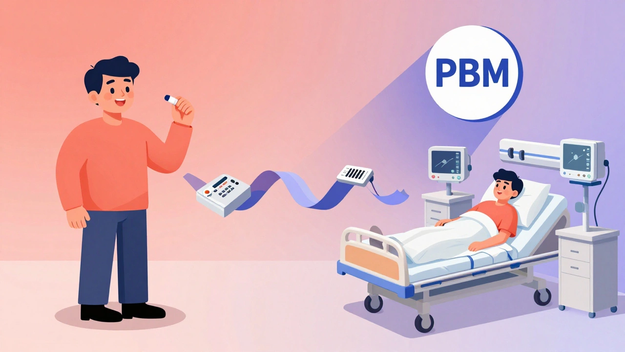 Split image: healthy patient vs. hospitalized patient, connected by bureaucratic paperwork.