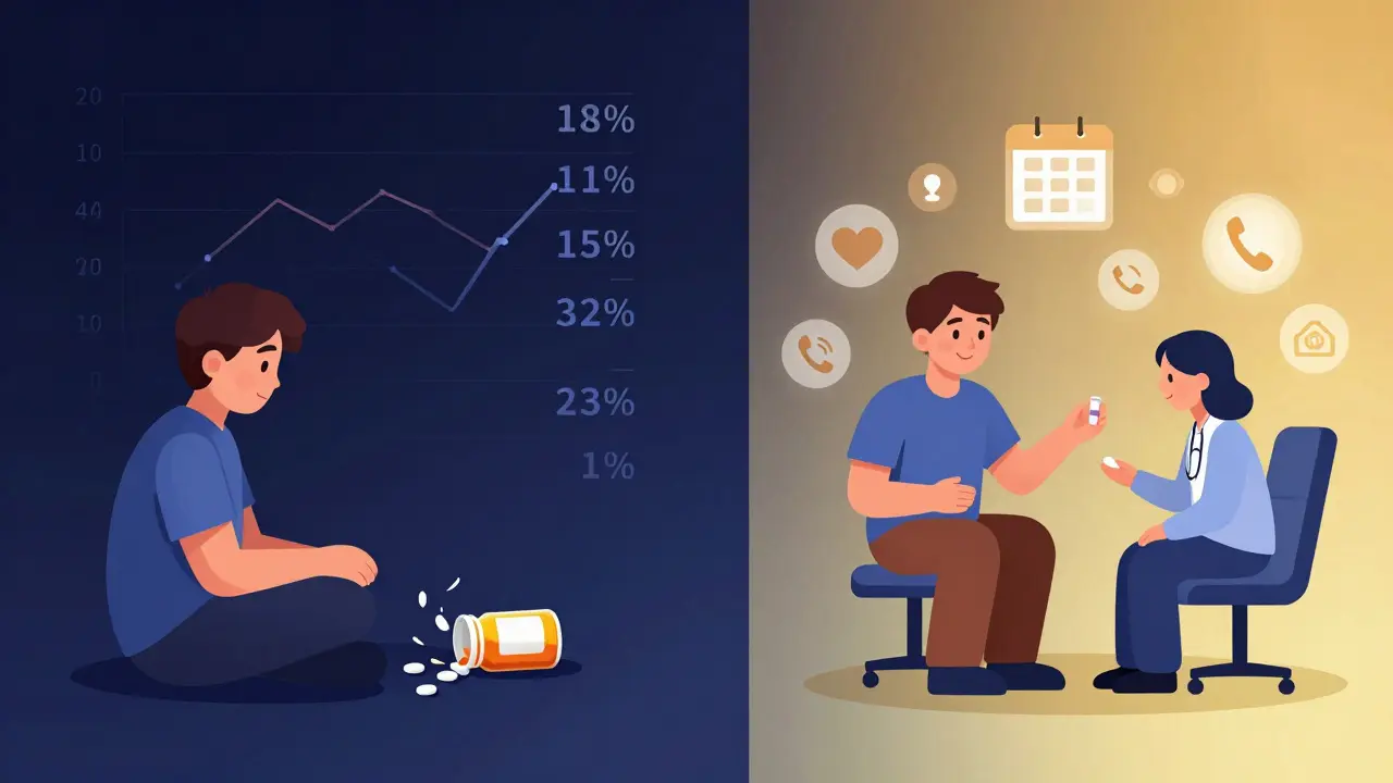 Split image: left shows teen in darkness with rising suicide stats; right shows same teen supported by family and therapist in warm light.