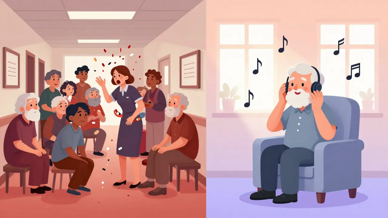 Split scene: chaotic nursing home with pill rain vs. calm senior listening to music in sunlight.
