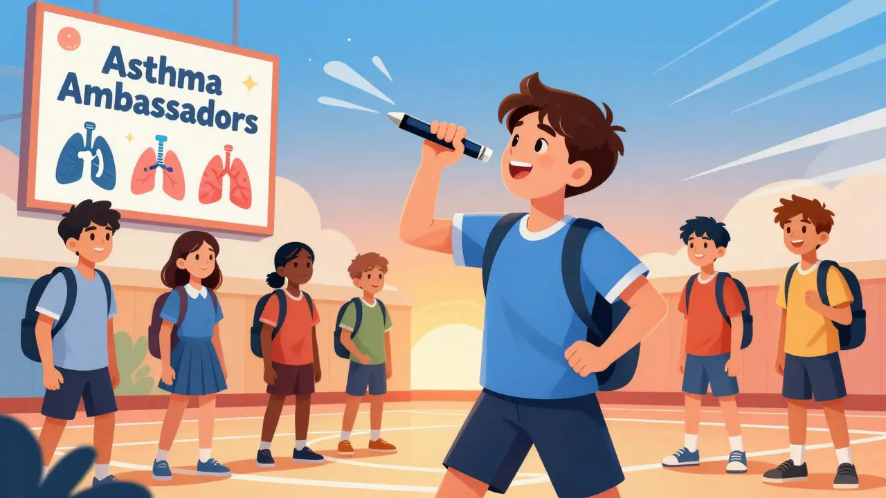 Teen using a slim pen-style spacer in gym while peers observe positively
