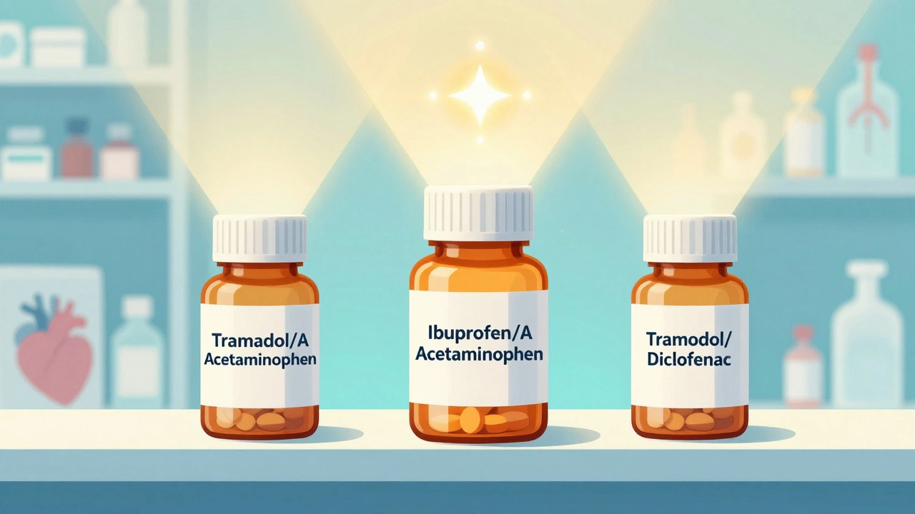 Three generic pain medication bottles emitting light beams that form a synergy symbol above them.