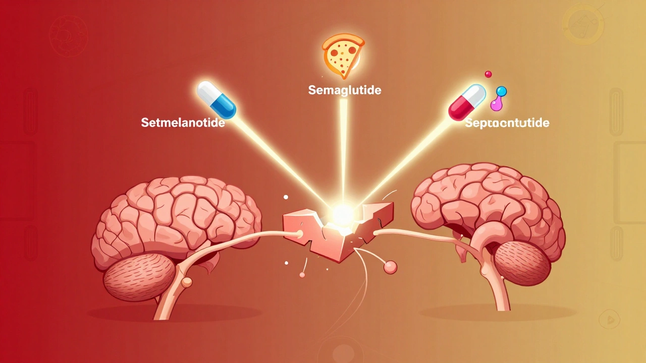 Three medical drugs reconnecting appetite pathways in a futuristic illustration with glowing molecular beams.