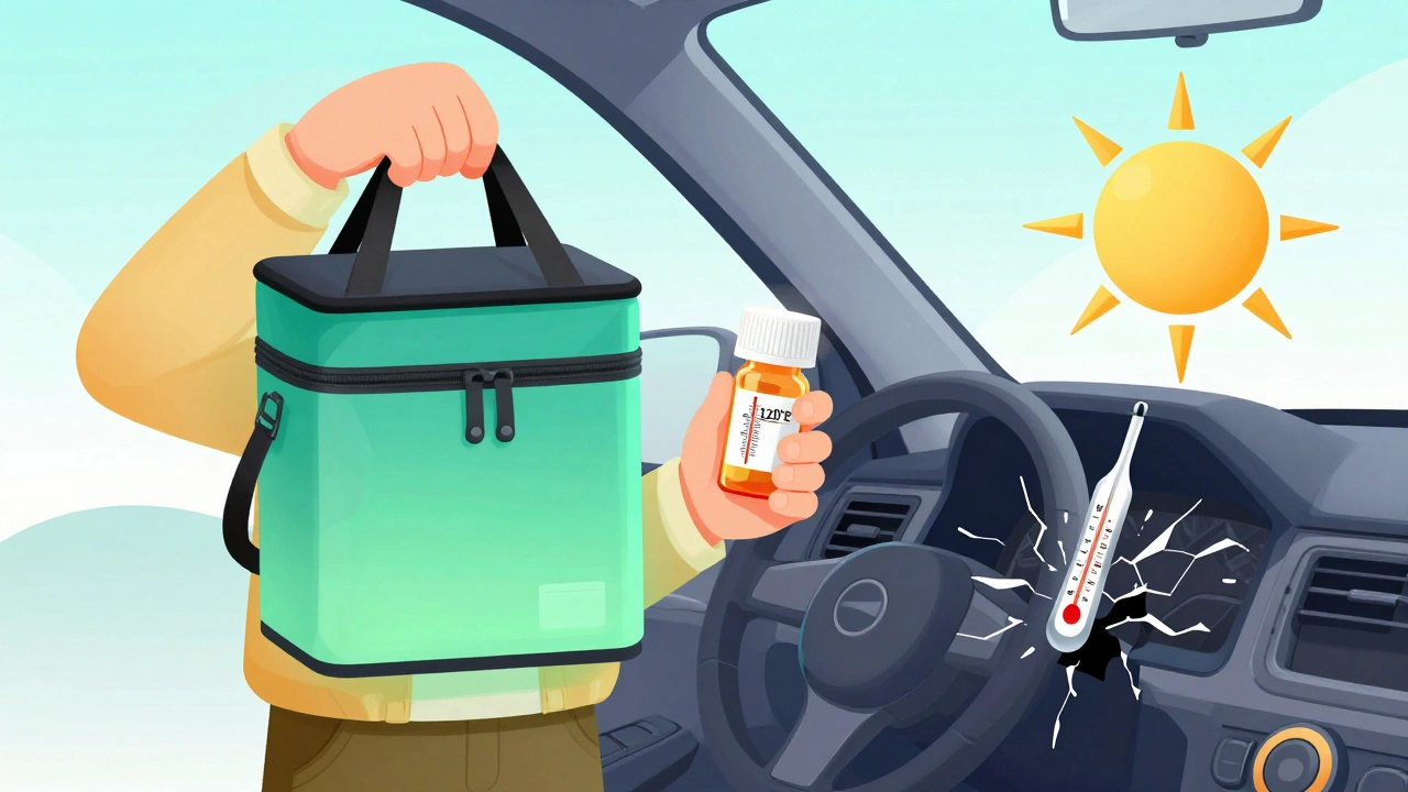 Traveler holding a UV-protective bag next to a hot car with a warning thermometer.