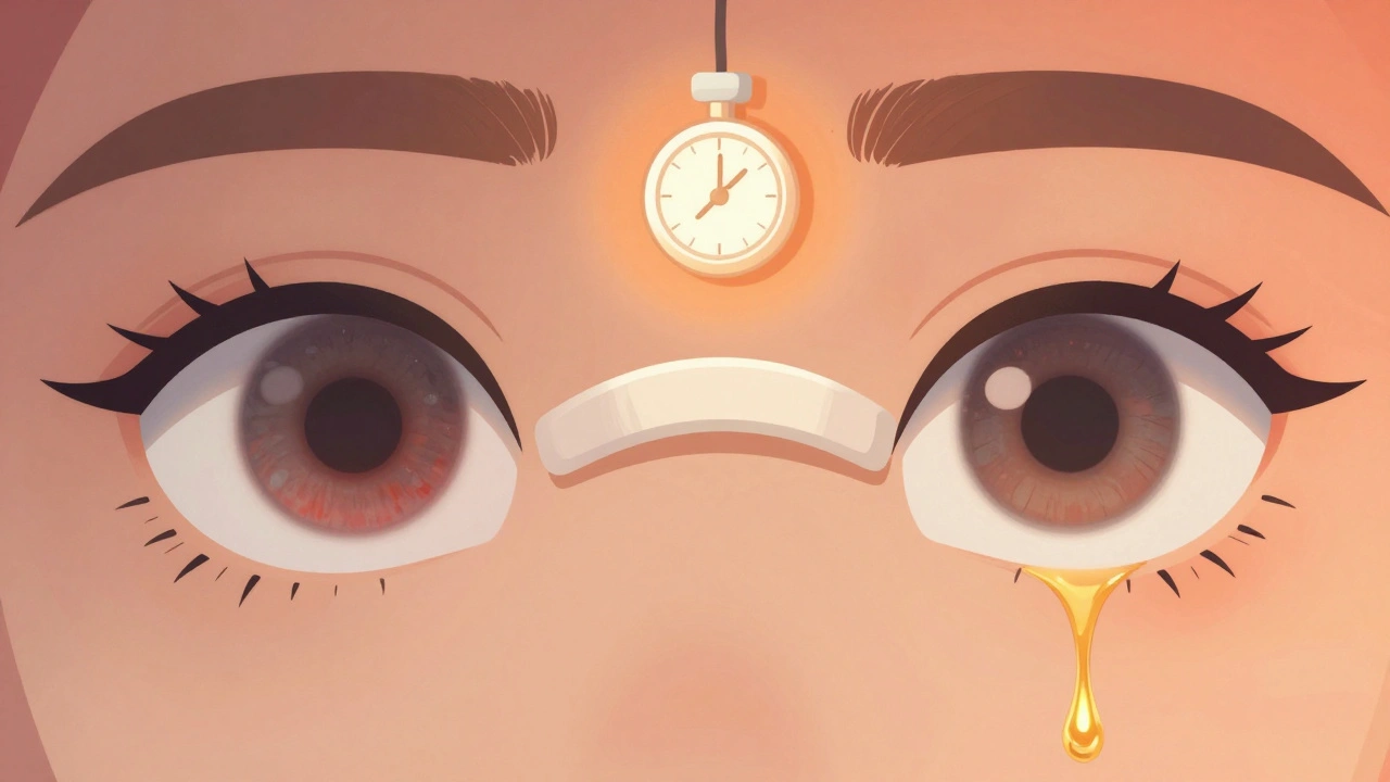 Two eyes side by side—one inflamed, one healthy—connected by warm compress and oil flow.