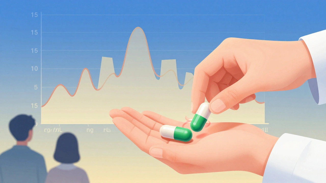 Two identical generic capsules with opposing effects, beside a fluctuating blood level graph.
