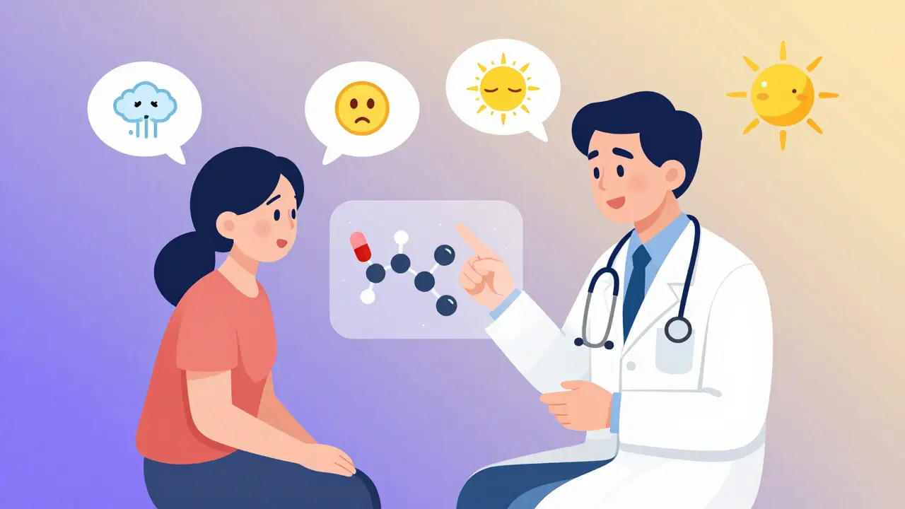 A doctor and patient discuss medication, with thought bubbles transforming fear into calm as they talk about generic drugs.