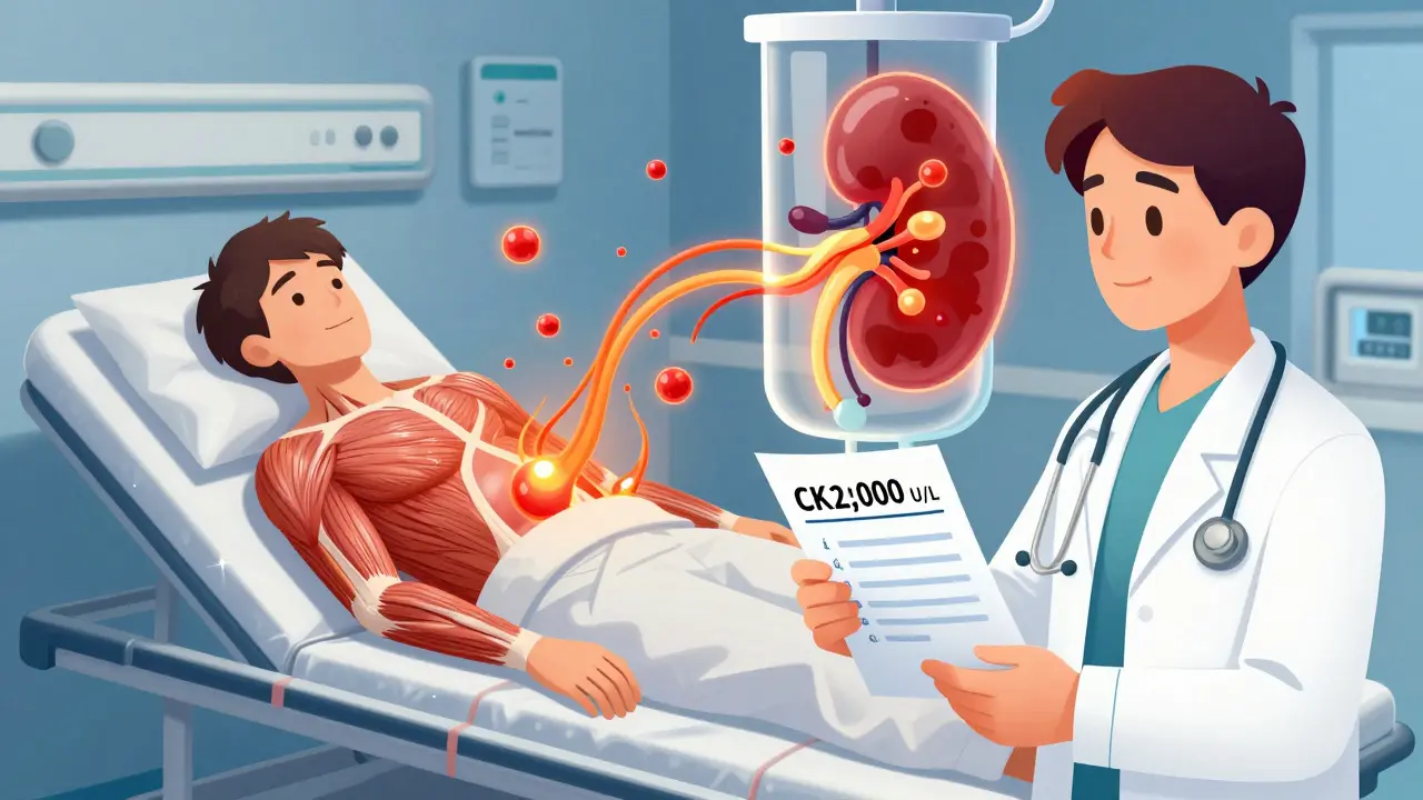 A doctor examines a blood test with skyrocketing CK levels as myoglobin toxins flood a clogged kidney in an ER setting.