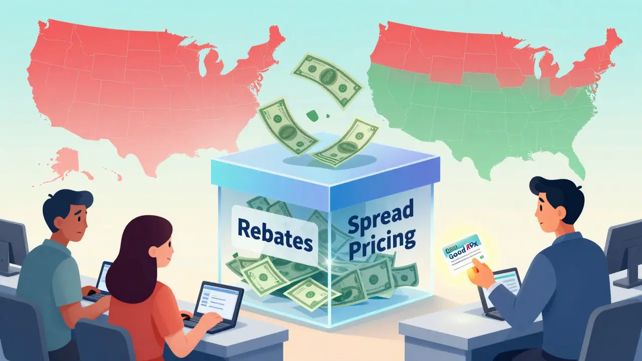 A giant PBM box with money flowing inside, patients paying at counters, GoodRx coupon glowing brighter than insurance card.