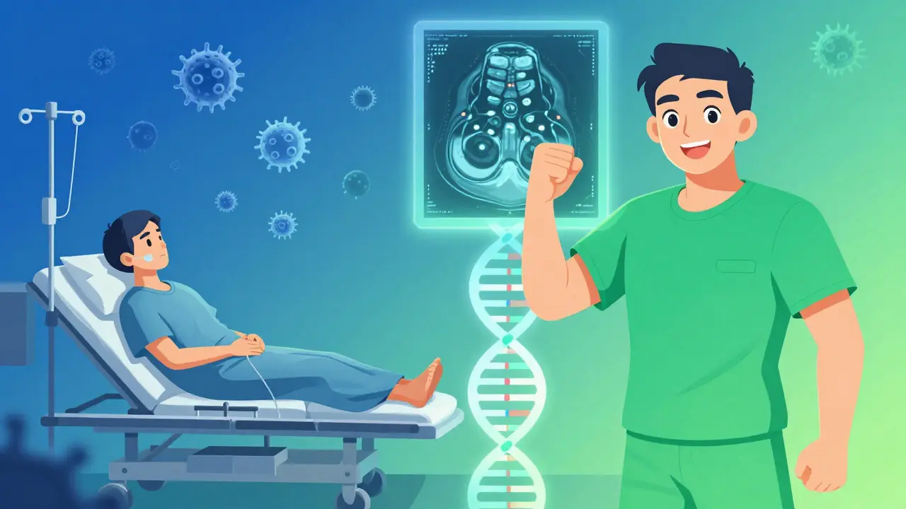A patient recovering from surgery on one side, thriving after treatment on the other, with fading cancer cells.