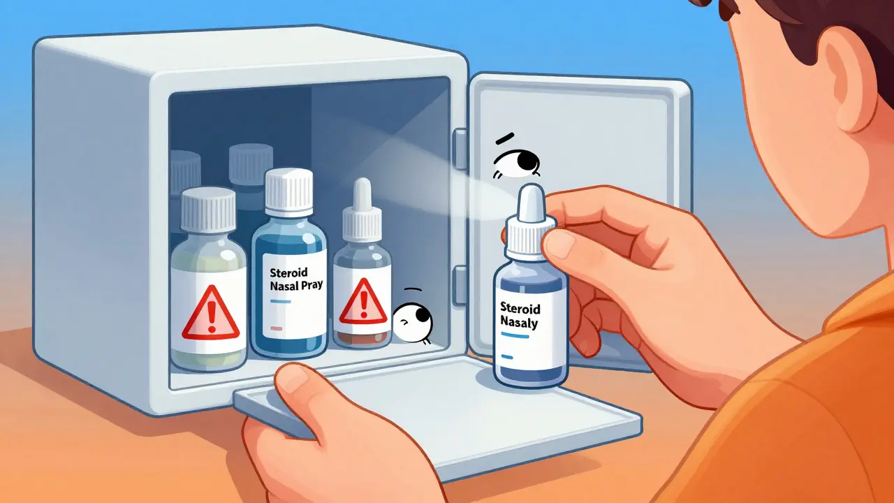 A person holding a medicine cabinet with dangerous bottles, a worried eye peeking out, and a gonioscopy lens above.