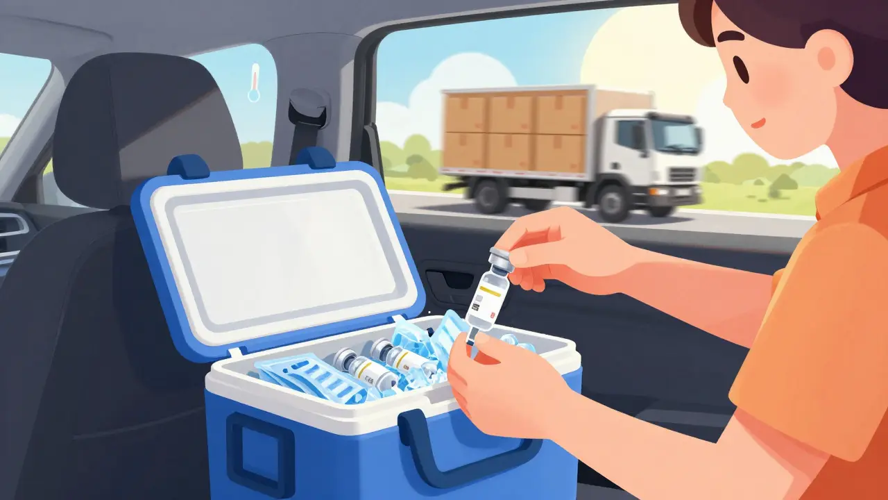A person packing insulin vials in a cooler with ice packs in a car, while a moving truck sits in the hot sun.