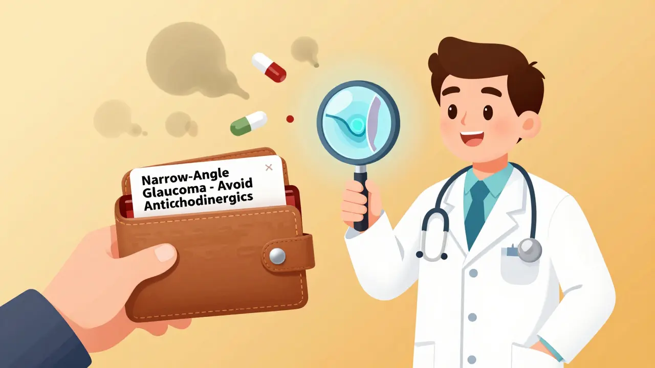 A person showing a medical alert card to an eye doctor, with harmful pills dissolving, symbolizing safe awareness.