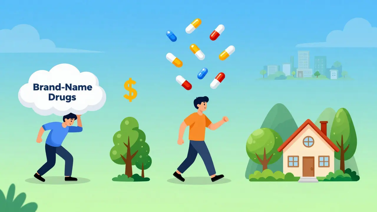 A person transforming from burdened by debt to healthy and free, with generic pills becoming life symbols.