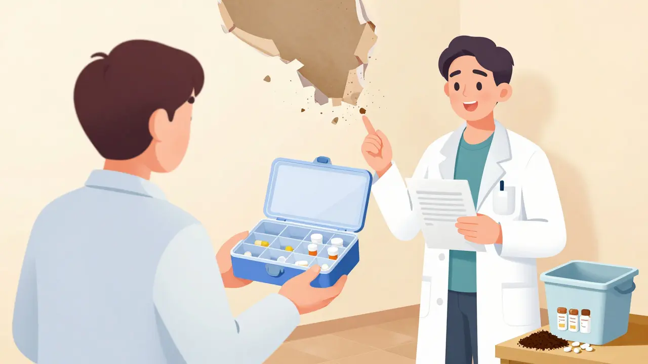 A pharmacist gives a patient a labeled, lockable medication organizer during a home renovation, with expired pills in a disposal bin.