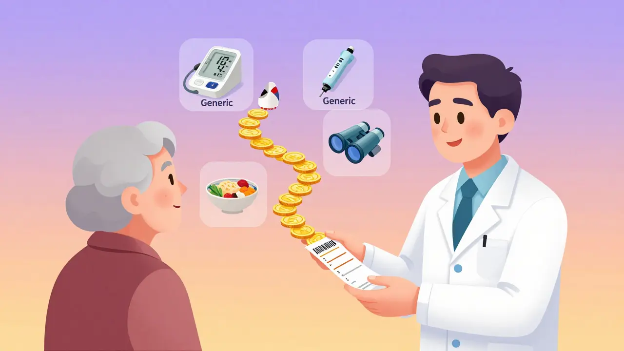 A pharmacist giving a prescription as generic medication icons float above, turning into symbols of freedom.