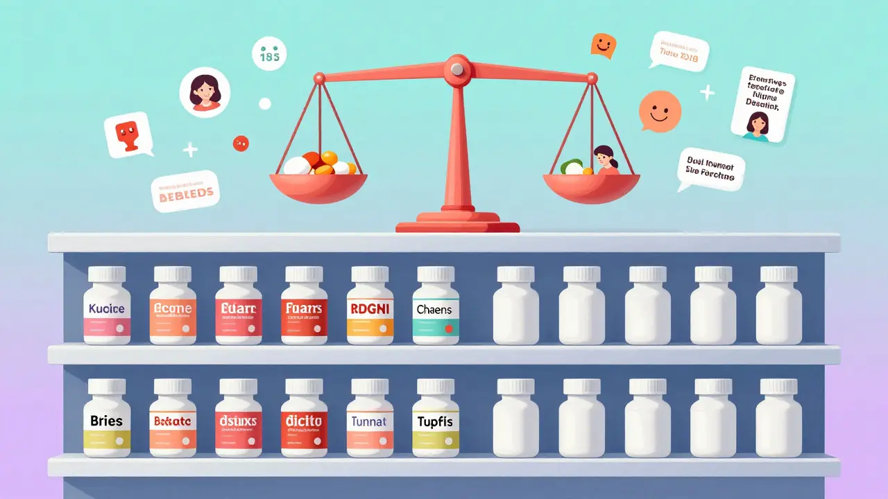 A pharmacy shelf with branded and generic pills, where trust and savings rise above fear-based misconceptions.