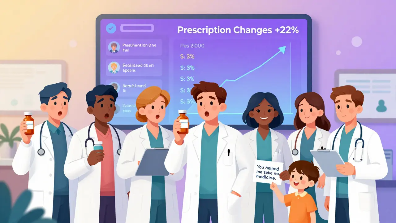 Clinicians reacting to real-time drug cost data with patient feedback on wall