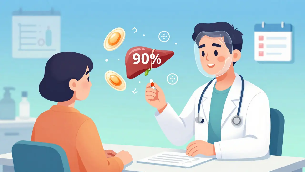 Dermatologist giving isotretinoin pill as internal oil glands shrink, with blood test visuals and monthly checkmarks in gradient illustration.