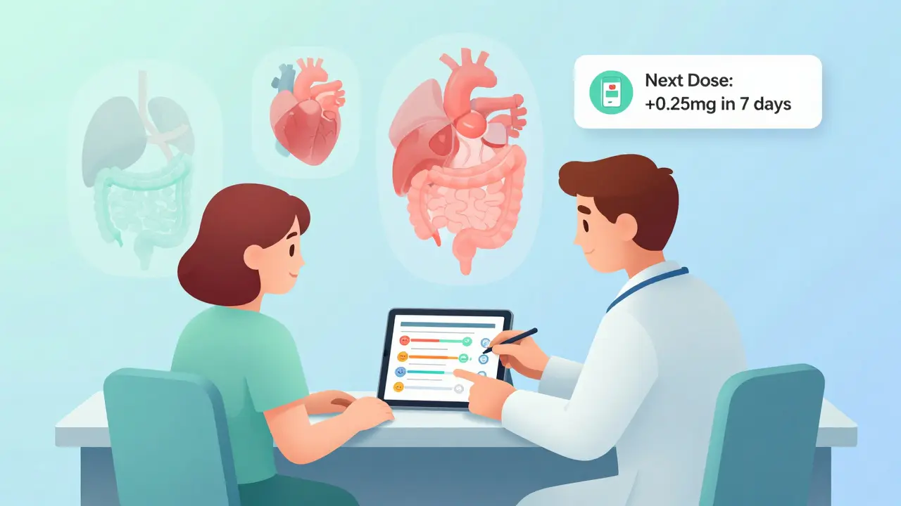 Doctor and patient reviewing a colorful titration schedule with health icons and reminder alerts.