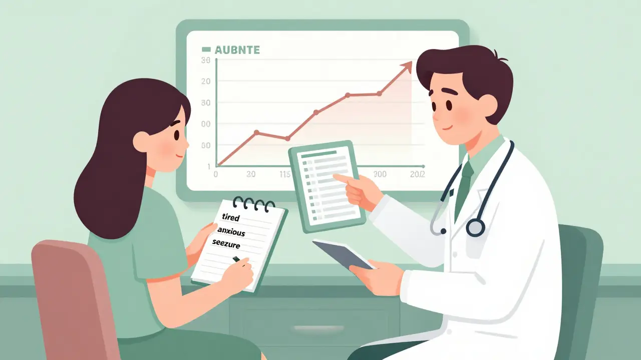 Doctor and patient reviewing a symptom log and electronic record showing multiple generic switches over time.