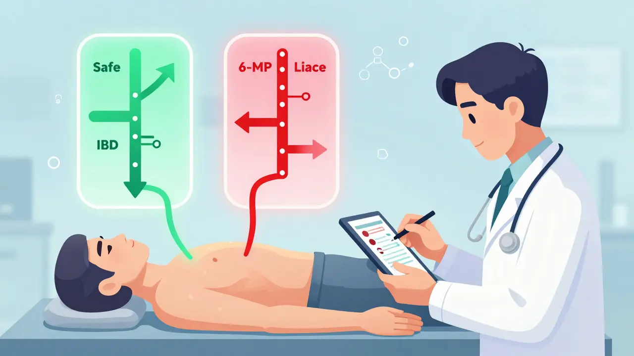 Doctor reviewing blood tests with glowing metabolic pathways showing drug interaction.