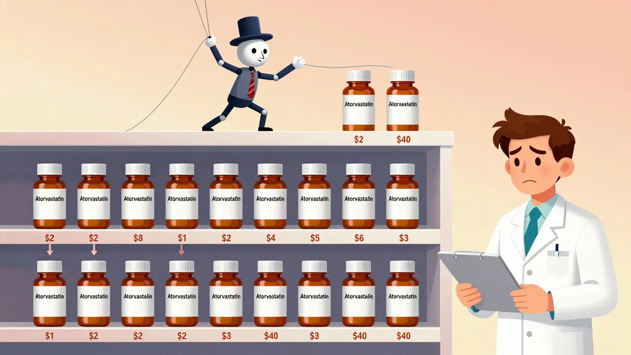 Generic drug bottles with wildly different prices on a pharmacy shelf, controlled by puppet strings.
