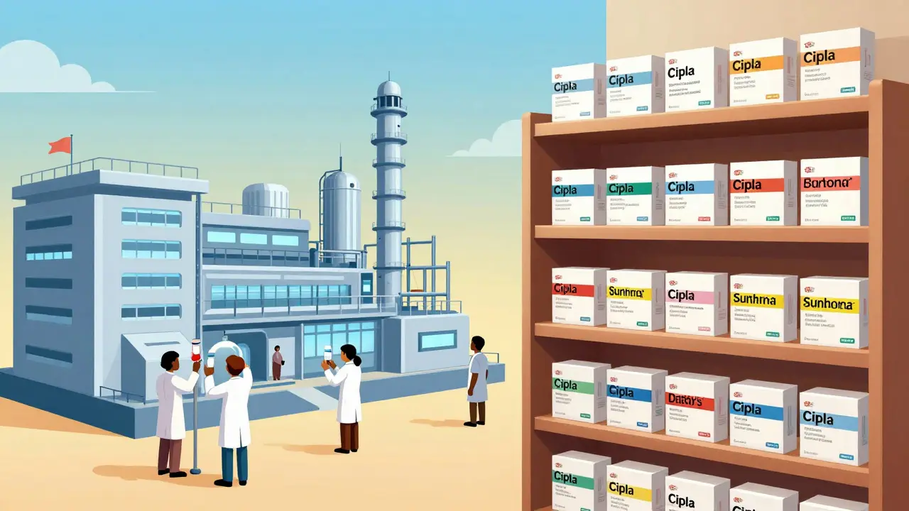 Indian pharmaceutical factory on one side and a clinic shelf with generic medicine boxes on the other, both lit in warm gradients.