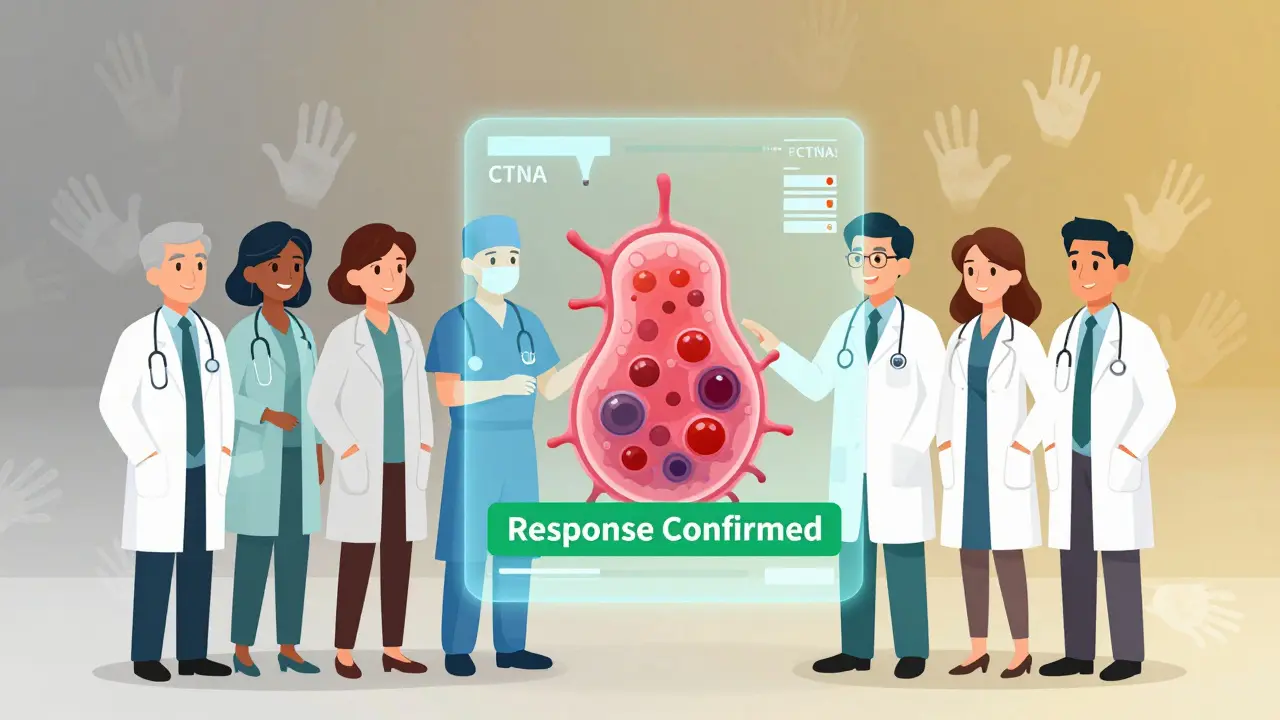 Medical team viewing a holographic tumor with real-time data showing treatment response and ctDNA levels.